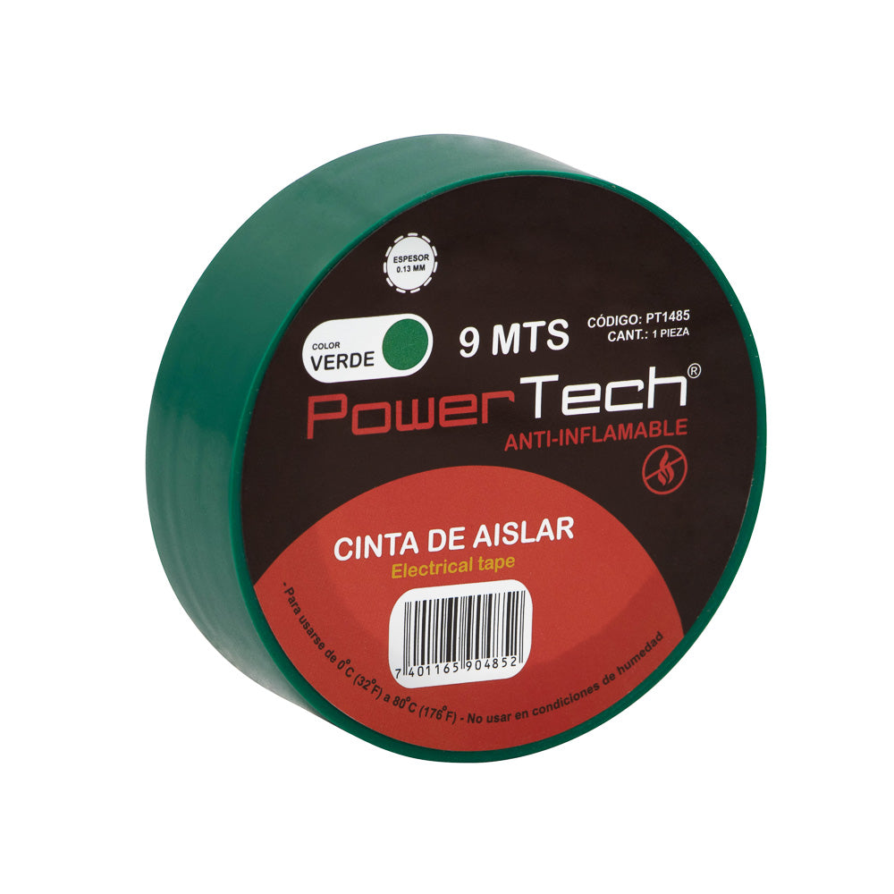 CINTA DE AISLAR VERDE 9 MTS POWER TECH